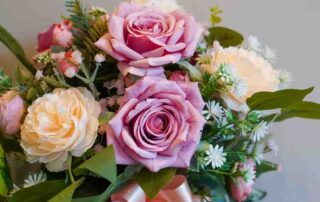 pinks and yellow rose flowers and green leaf on white background